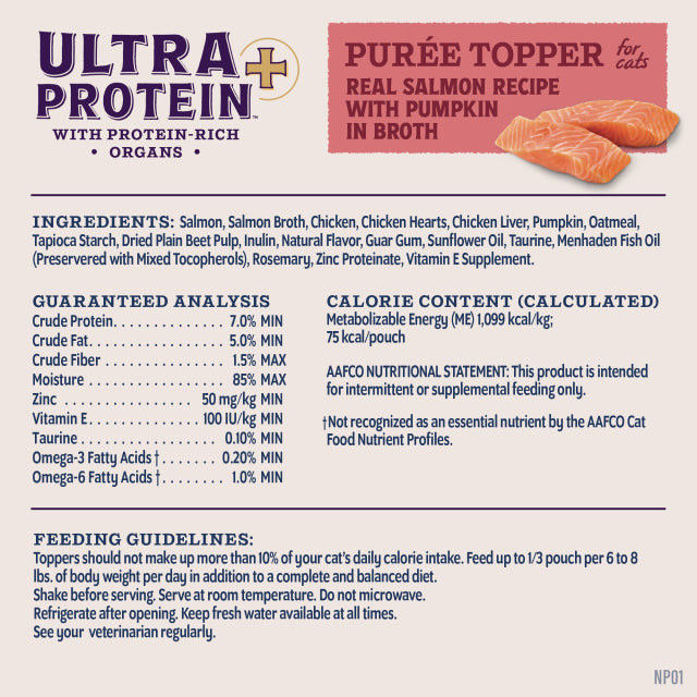 Natural Balance Ultra Protein Plus Skin & Coat and Digestive Health Real Salmon with Pumpkin Puree Topper Recipe, Wet Cat Food, 2.4-oz Case Of 24