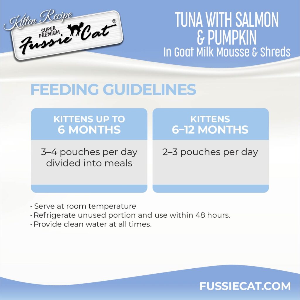 Fussie Cat Tuna with Salmon & Pumpkin in Goat Milk Mousse and Shreds Kitten 1.5-oz Pouch, Wet Cat Food, Case of 12