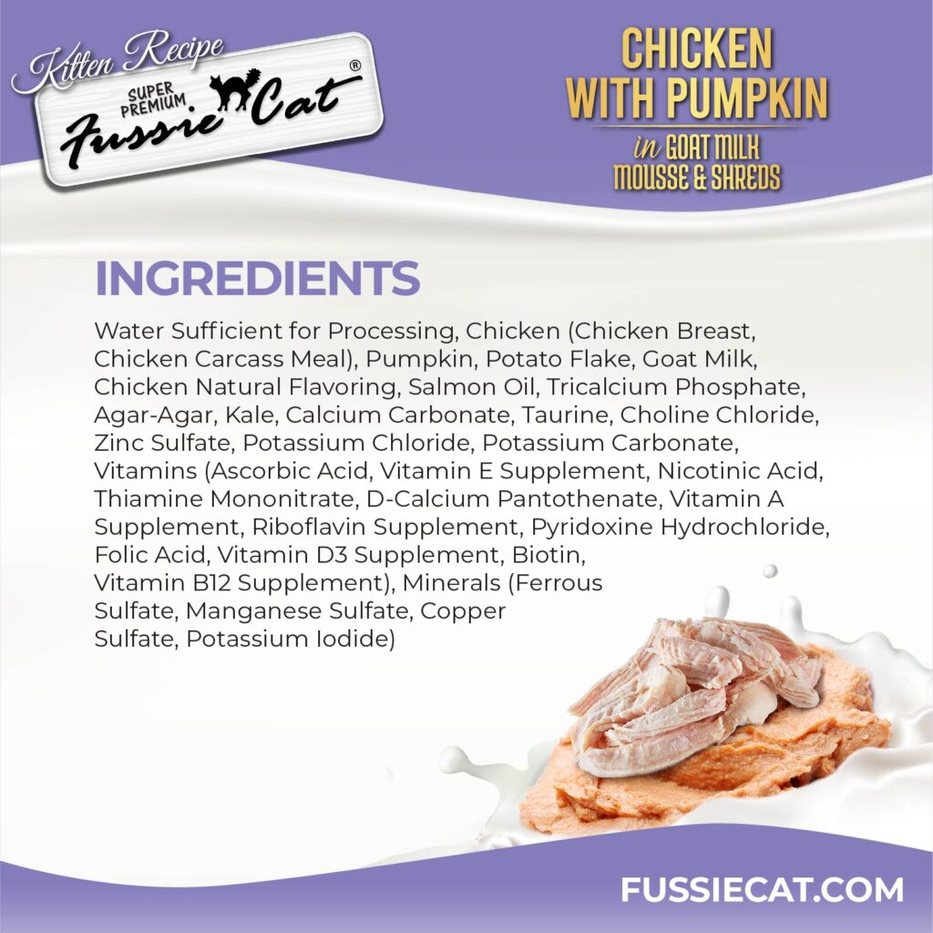 Fussie Cat Chicken with Pumpkin in Goat Milk Mousse & Shreds Kitten Recipe, Wet Cat Food, 2.47-oz Case of 24
