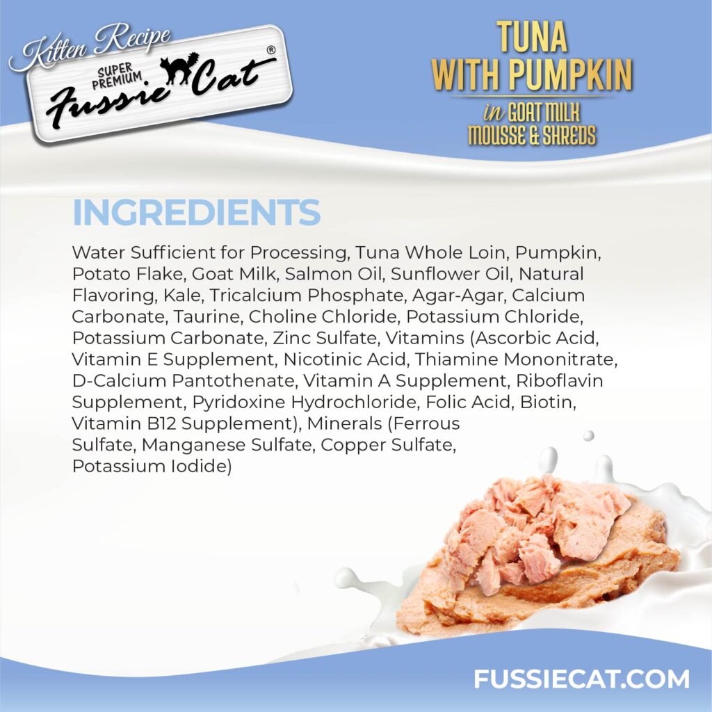 Fussie Cat Tuna with Pumpkin in Goat Milk Mousse & Shreds Kitten Recipe, Wet Cat Food, 2.47-oz Case of 24