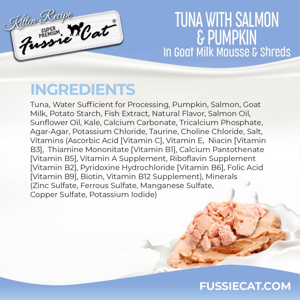 Fussie Cat Tuna with Salmon & Pumpkin in Goat Milk Mousse and Shreds Kitten 1.5-oz Pouch, Wet Cat Food, Case of 12