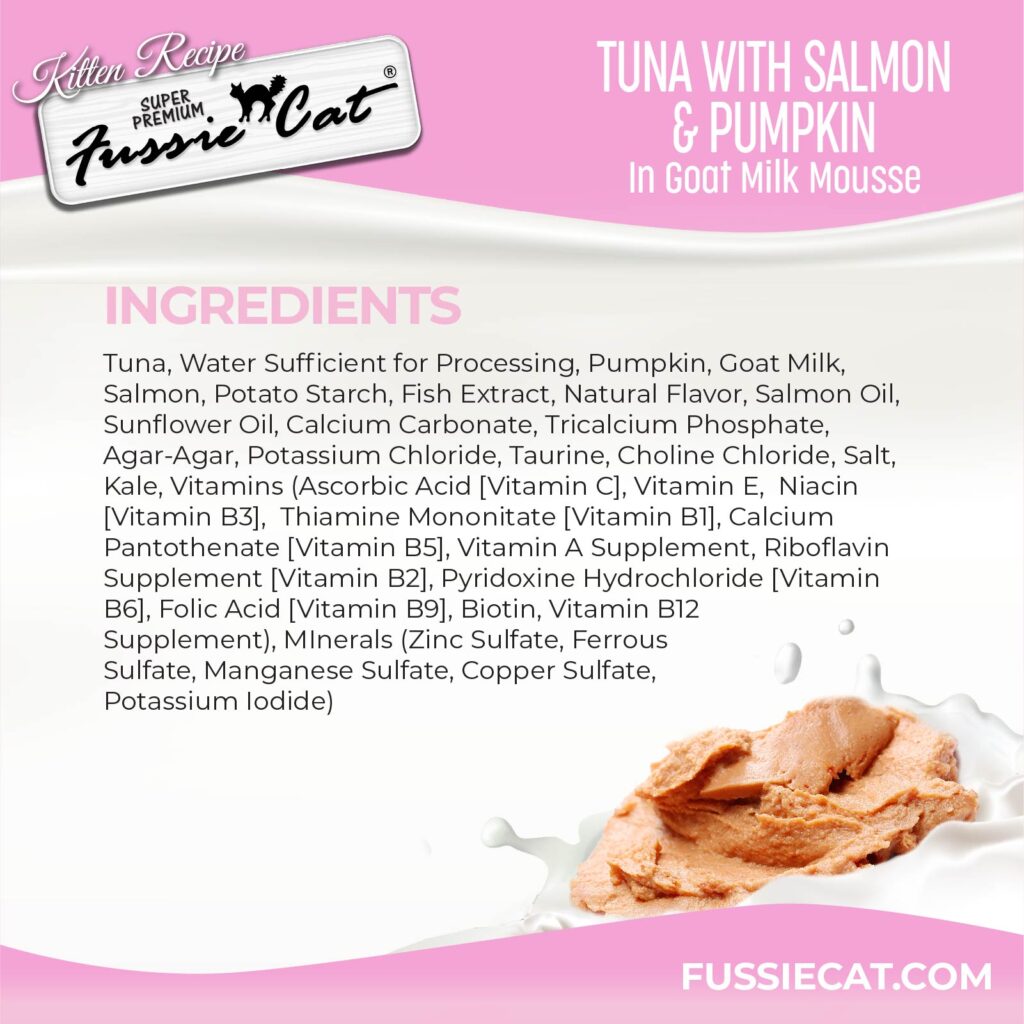 Fussie Cat Tuna with Salmon & Pumpkin in Goat Milk Mousse Kitten 1.5-oz Pouch, Wet Cat Food, Case of 12