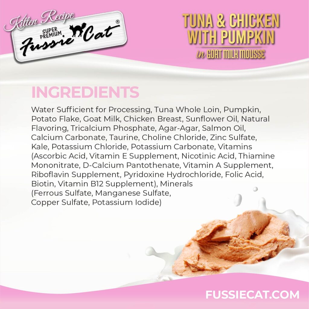 Fussie Cat Tuna & Chicken with Pumpkin In Goat Milk Mousse Kitten Recipe, Wet Cat Food, 2.47-oz Case of 24