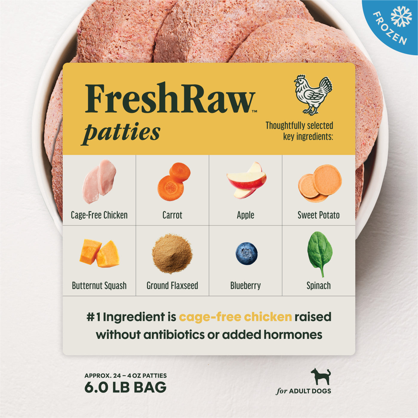 Instinct FreshRaw Patties Cage-Free Chicken Recipe, Frozen Raw Dog Food, 6-lb Bag