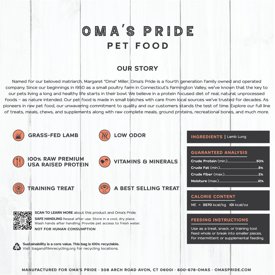 Oma's Pride Dehydrated Lamb Lung, Dog & Cat Treats, 8-oz Bag