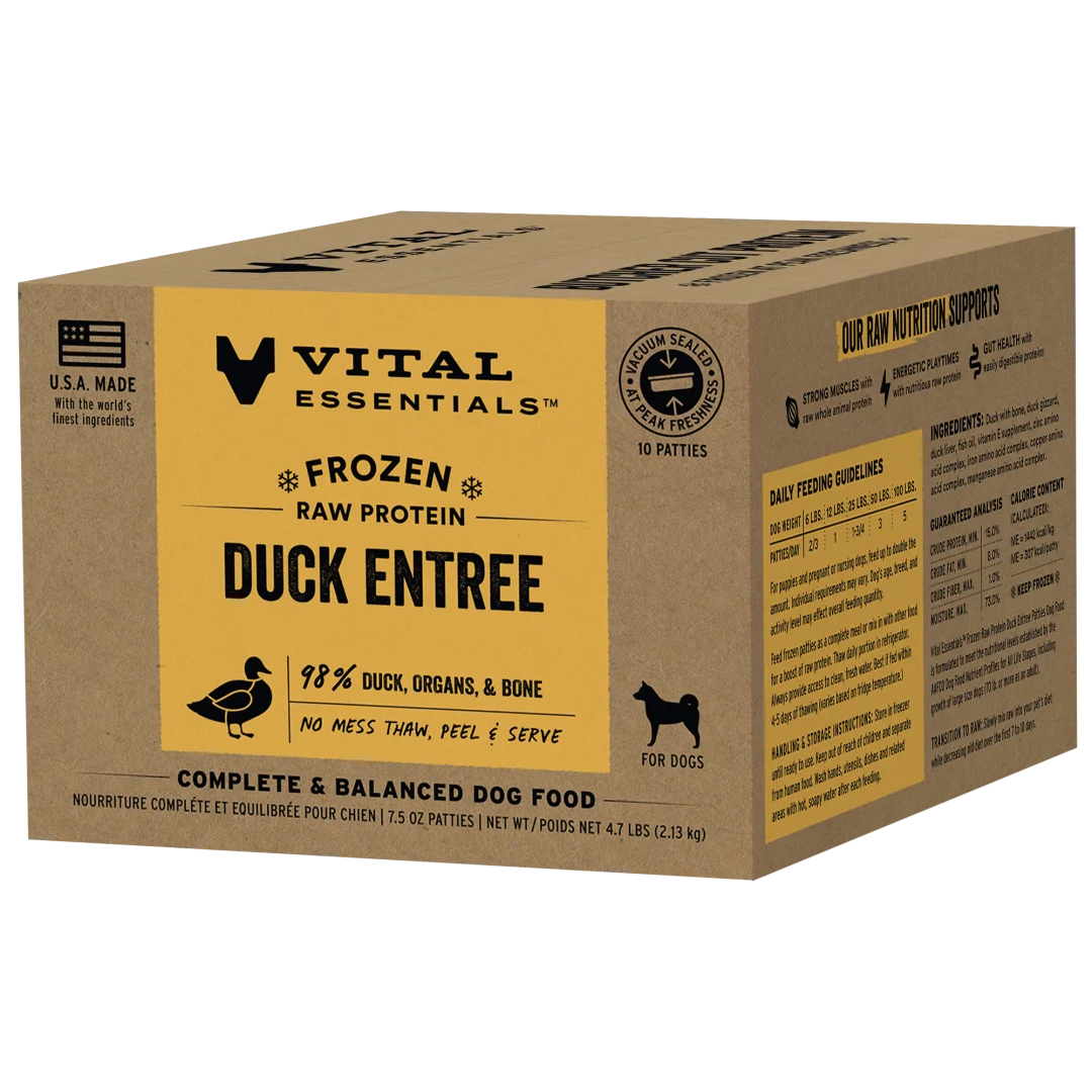 Box of Vital Essentials Frozen Raw Protein Duck Entree dog food on a white background