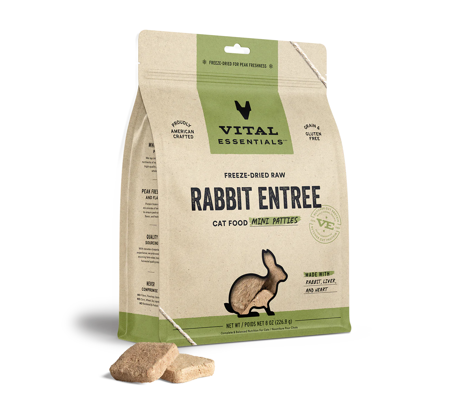 Vital Essentials Rabbit Vital Essentials Rabbit Mini Patties, Freeze-Dried Cat Food, 8-oz Bag ...