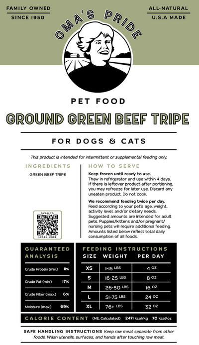 Oma's Pride Ground Green Beef Tripe, Frozen Pet Supplement