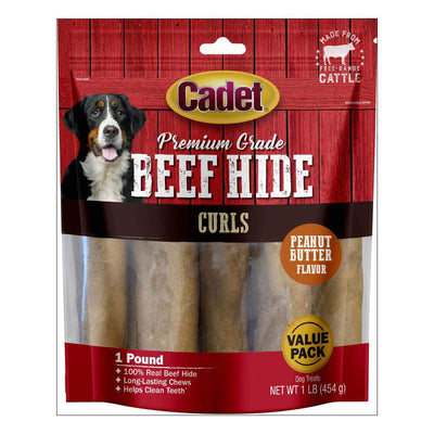 Cadet Premium Grade Beef Hide Curls Peanut Butter Flavor 1-lb, Dog Chew