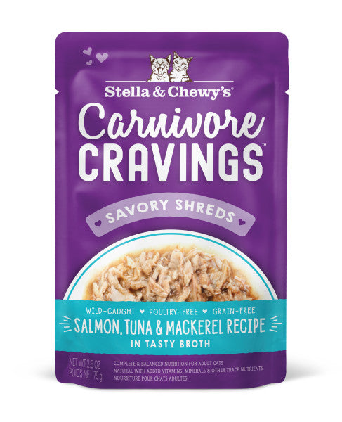 Stella & Chewy's Carnivore Cravings Savory Shreds - Salmon, Tuna, & Mackerel Recipe Dinner in Broth, 2.8-oz Pouch