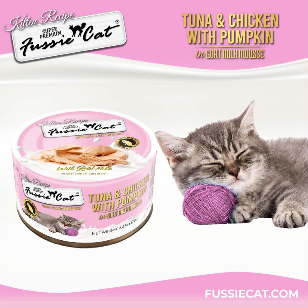 Fussie Cat Tuna & Chicken with Pumpkin In Goat Milk Mousse Kitten Recipe, Wet Cat Food, 2.47-oz Case of 24