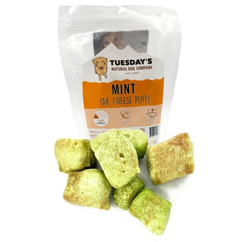 Tuesday's Natural Dog Company, Mint Yak Cheese Puffs, Dog Treat, 4-oz Bag