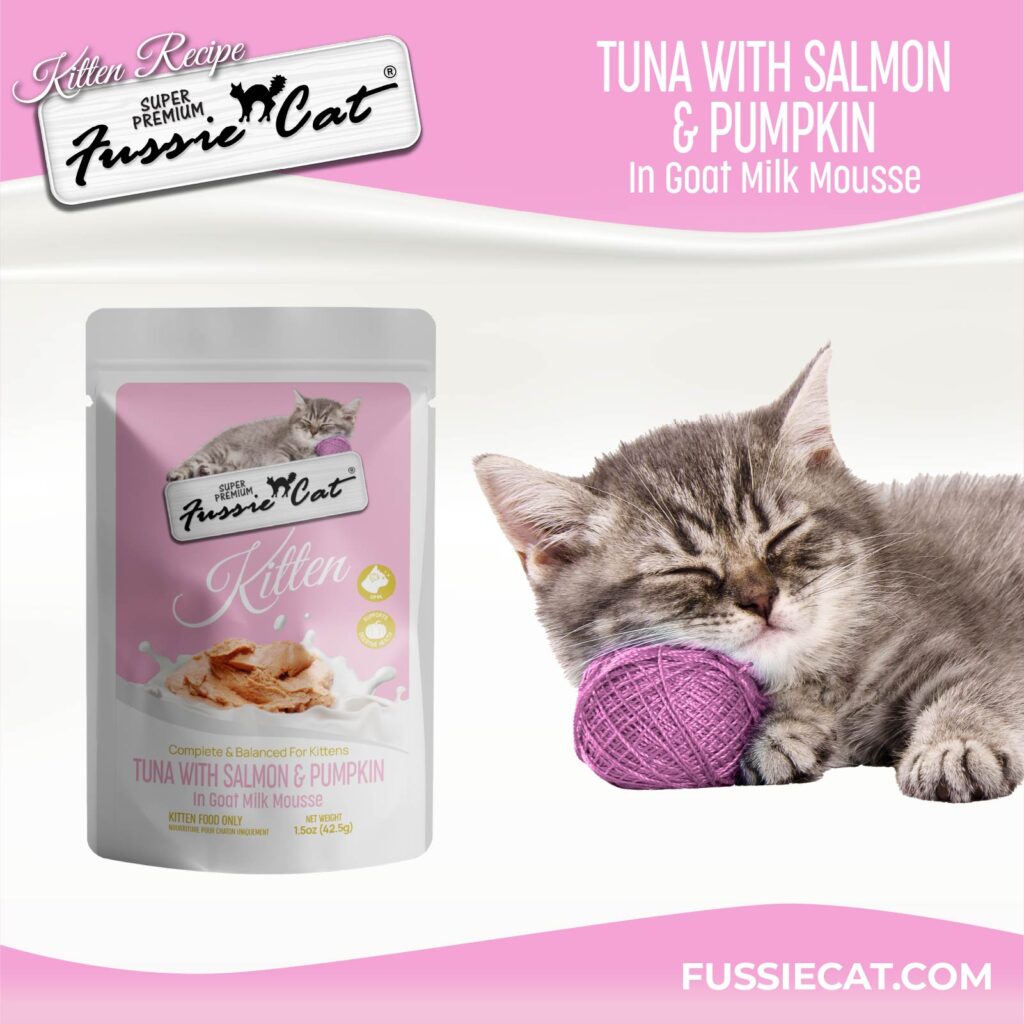 Fussie Cat Tuna with Salmon & Pumpkin in Goat Milk Mousse Kitten 1.5-oz Pouch, Wet Cat Food, Case of 12