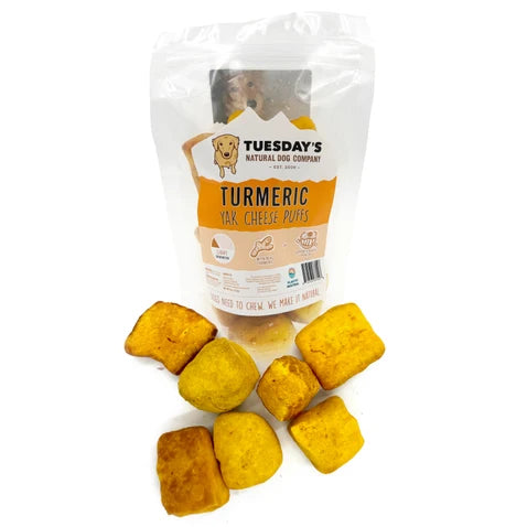 Tuesday's Natural Dog Company, Turmeric Yak Cheese Puffs, Dog Treat, 4-oz Bag