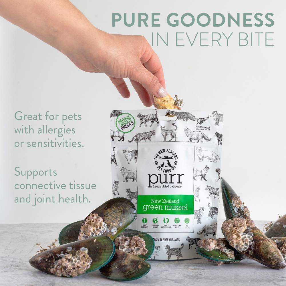 The New Zealand Natural Pet Food Co Purr New Zealand Green Mussel, Freeze-Dried Cat Treats, 1.76-oz Bag