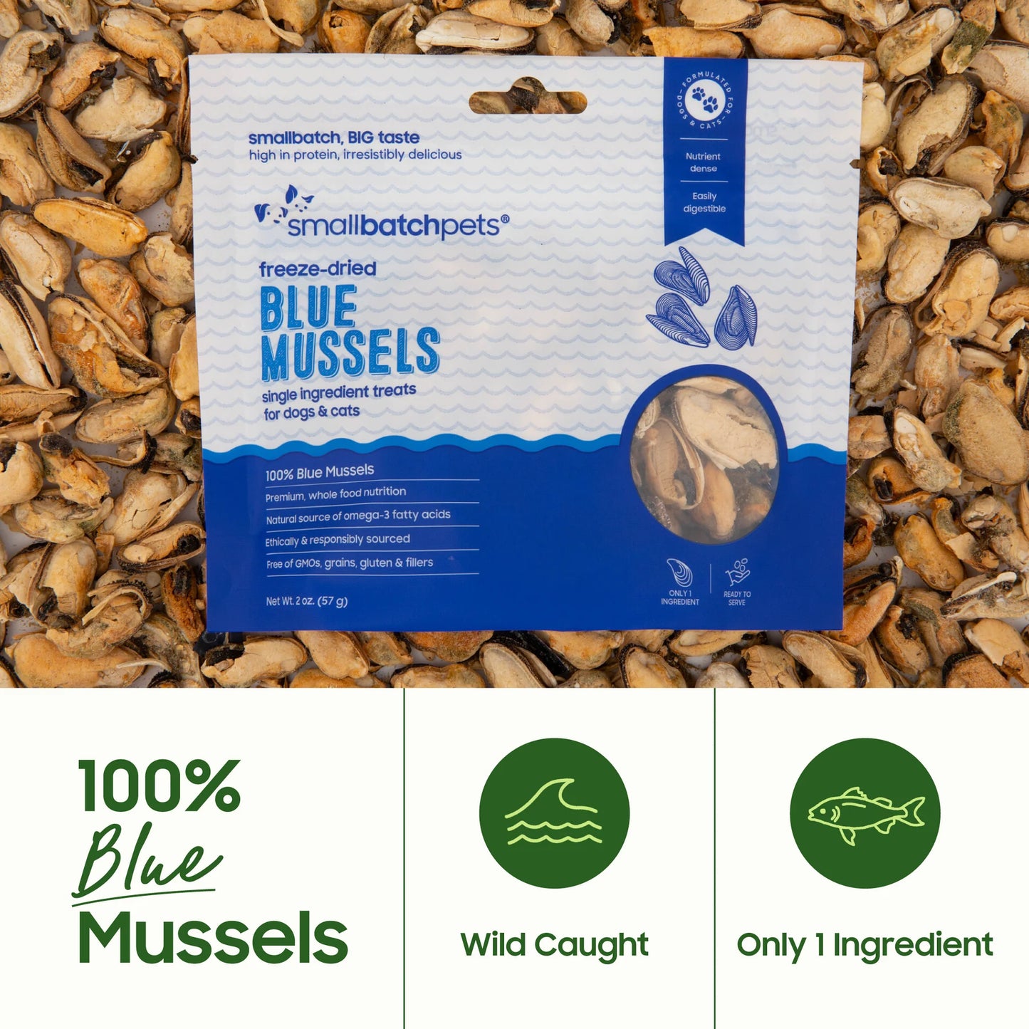 Smallbatch Freeze-Dried Blue Mussels, Dog & Cat Treat, 2-oz Bag