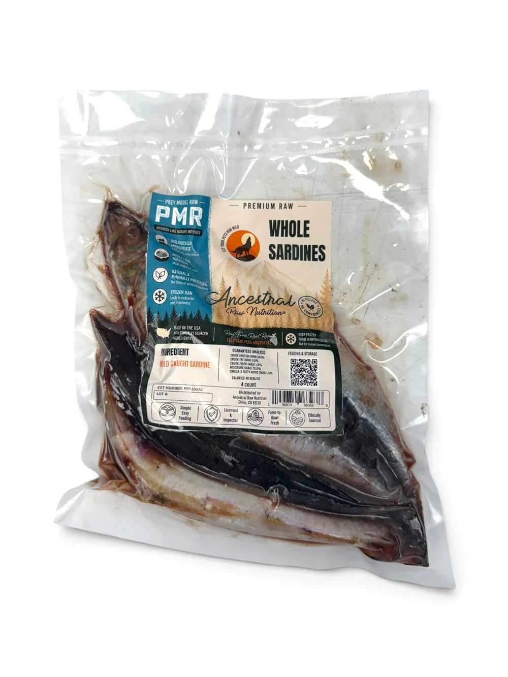 Ancestral Raw Nutrition Raw Wild Caught Sardines, Frozen Raw Dog Chew, 4-Count