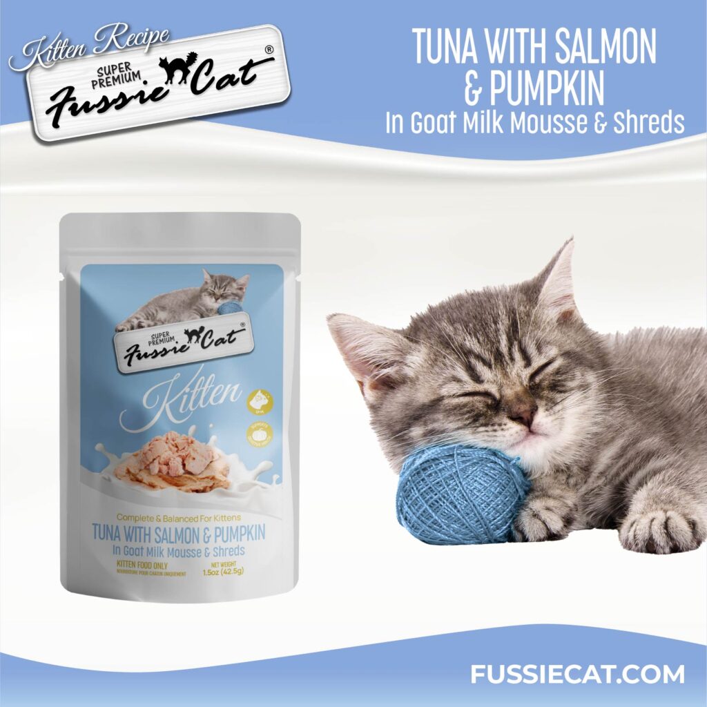 Fussie Cat Tuna with Salmon & Pumpkin in Goat Milk Mousse and Shreds Kitten 1.5-oz Pouch, Wet Cat Food, Case of 12