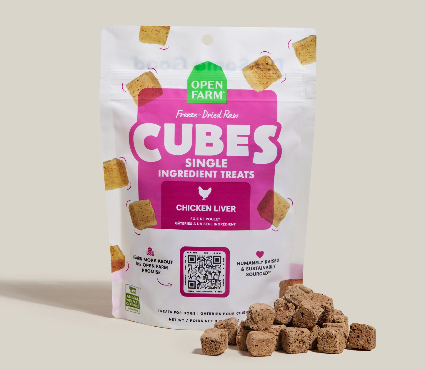 Open Farm Cubes Chicken Liver Treat, Freeze Dried Raw Dog Treat, 3-oz Pouch