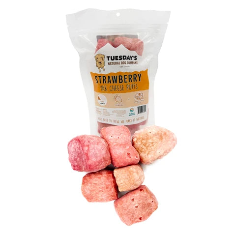 Tuesday's Natural Dog Company, Strawberry Yak Cheese Puffs, Dog Treat, 4-oz Bag