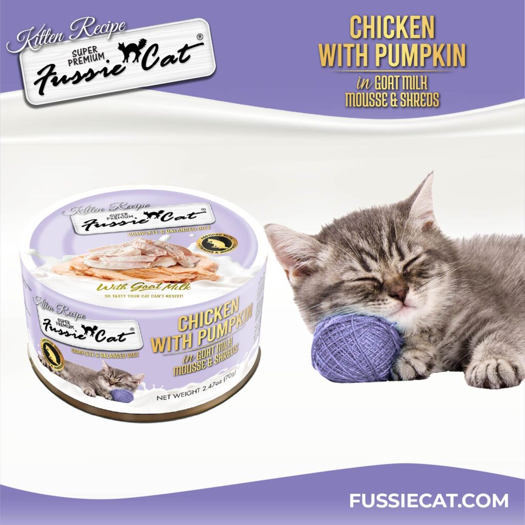 Fussie Cat Chicken with Pumpkin in Goat Milk Mousse & Shreds Kitten Recipe, Wet Cat Food, 2.47-oz Case of 24
