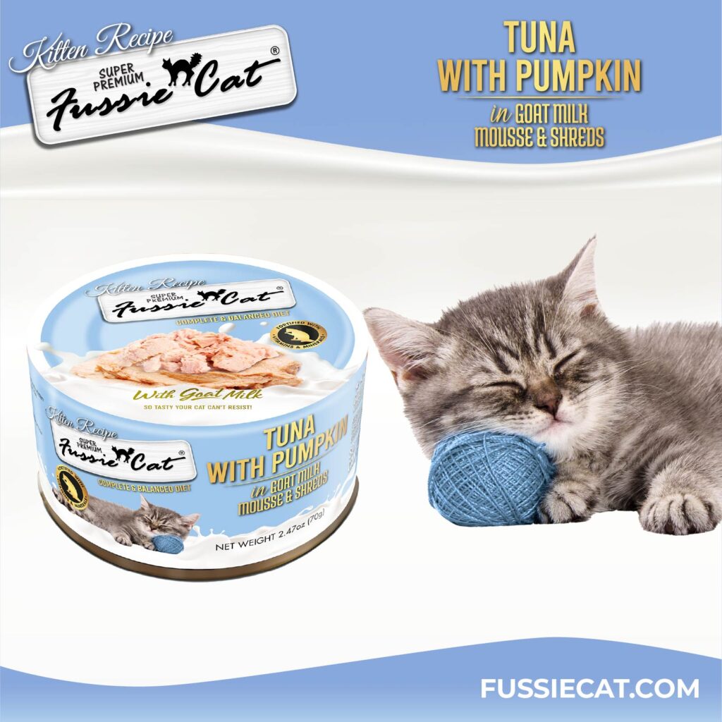Fussie Cat Tuna with Pumpkin in Goat Milk Mousse & Shreds Kitten Recipe, Wet Cat Food, 2.47-oz Case of 24