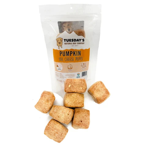 Tuesday's Natural Dog Company, Pumpkin Yak Cheese Puffs, Dog Treat, 4-oz Bag