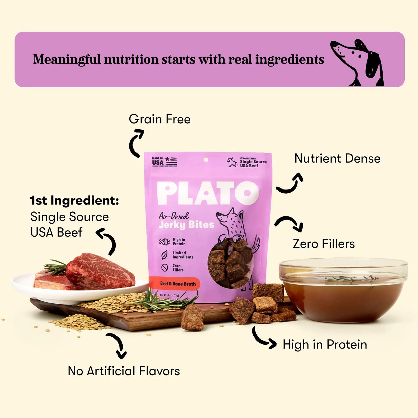 Plato Beef With Bone Broth Jerky Bites, Dog Treat, 6-oz Bag