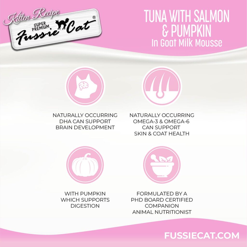 Fussie Cat Tuna with Salmon & Pumpkin in Goat Milk Mousse Kitten 1.5-oz Pouch, Wet Cat Food, Case of 12