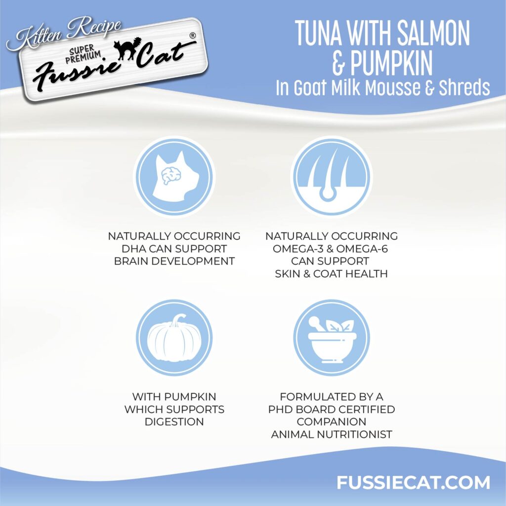 Fussie Cat Tuna with Salmon & Pumpkin in Goat Milk Mousse and Shreds Kitten 1.5-oz Pouch, Wet Cat Food, Case of 12