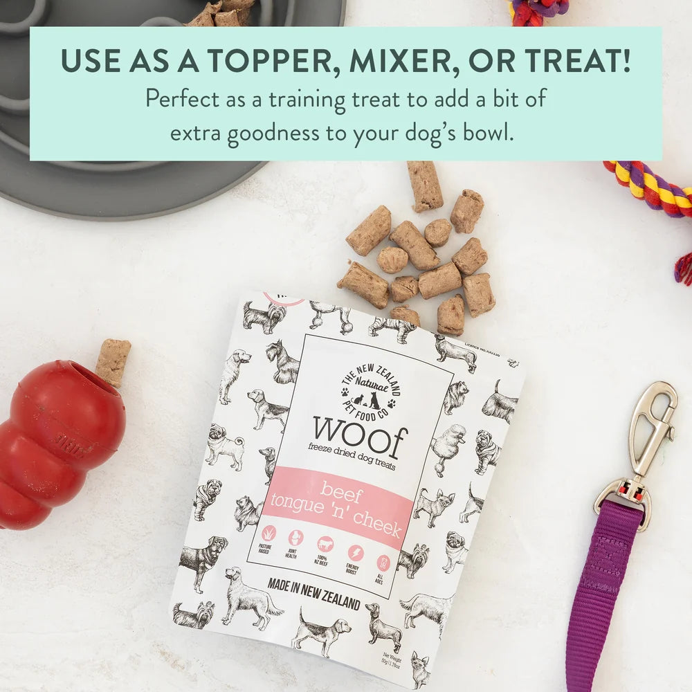 The New Zealand Natural Pet Food Co Woof Beef Tongue 'N' Cheek, Freeze-Dried Dog Treats, 1.76-oz Bag