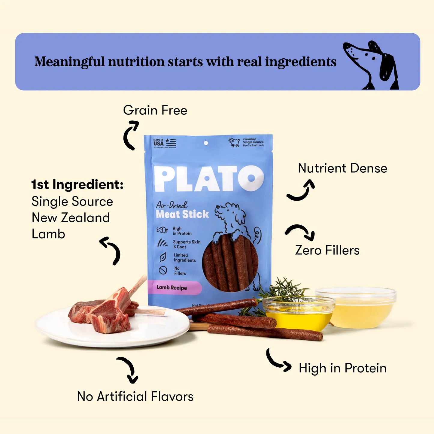 Plato Thinkers Meat Stick Dog Treats, Lamb Recipe