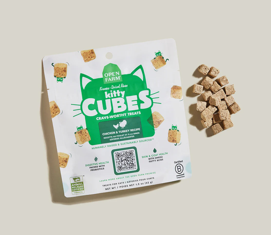 Open Farm Chicken & Turkey Kitty Cube Treats, Freeze-Dried Raw Cat Treats, 1.5-oz Pouch