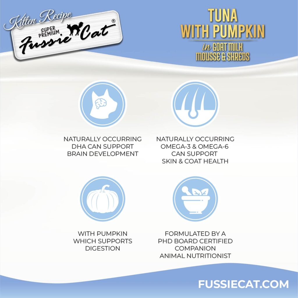 Fussie Cat Tuna with Pumpkin in Goat Milk Mousse & Shreds Kitten Recipe, Wet Cat Food, 2.47-oz Case of 24