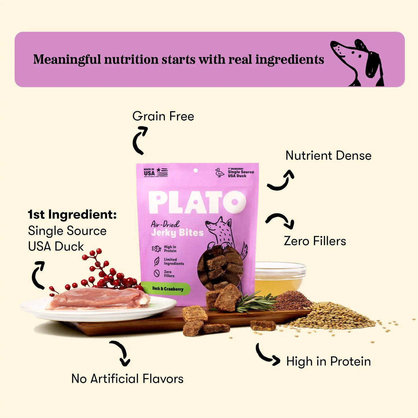 Plato Duck With Cranberry Jerky Bites, Dog Treat, 6-oz Bag