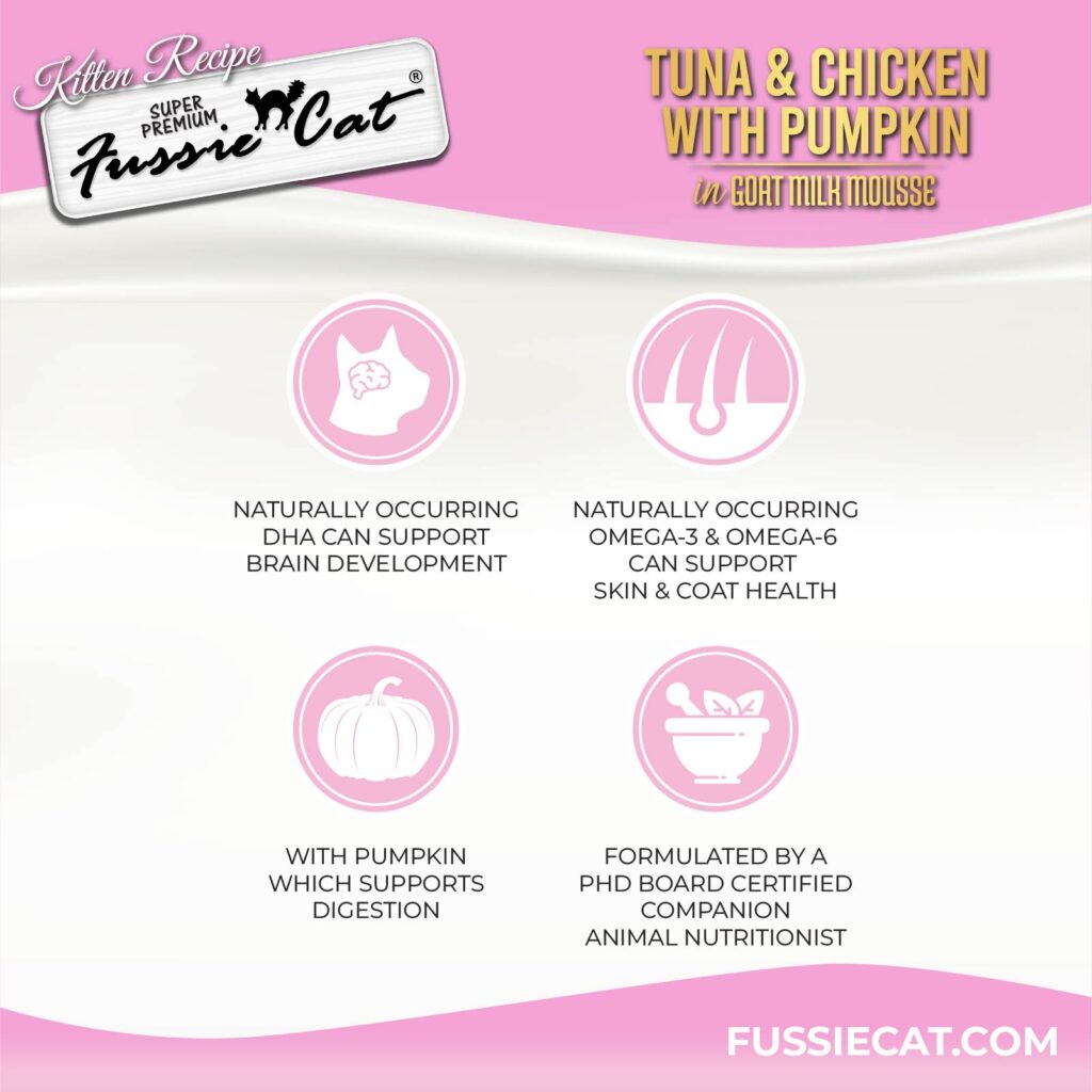 Fussie Cat Tuna & Chicken with Pumpkin In Goat Milk Mousse Kitten Recipe, Wet Cat Food, 2.47-oz Case of 24