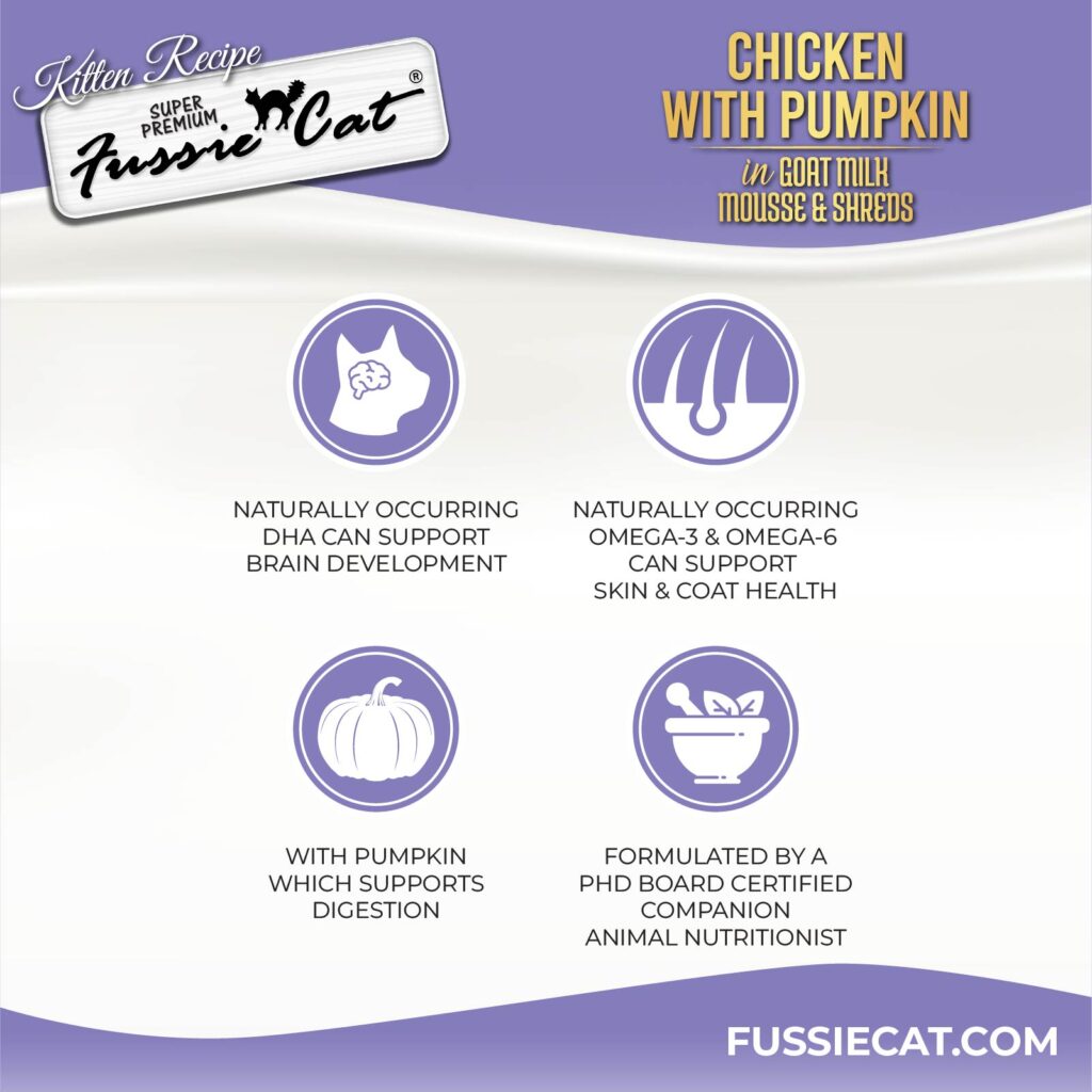 Fussie Cat Chicken with Pumpkin in Goat Milk Mousse & Shreds Kitten Recipe, Wet Cat Food, 2.47-oz Case of 24