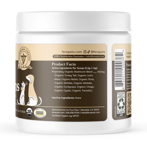 Fera Pets Usda Organic Mushrooms - Immune Support For Dogs and Cats, Pet Supplement, 2.12-oz