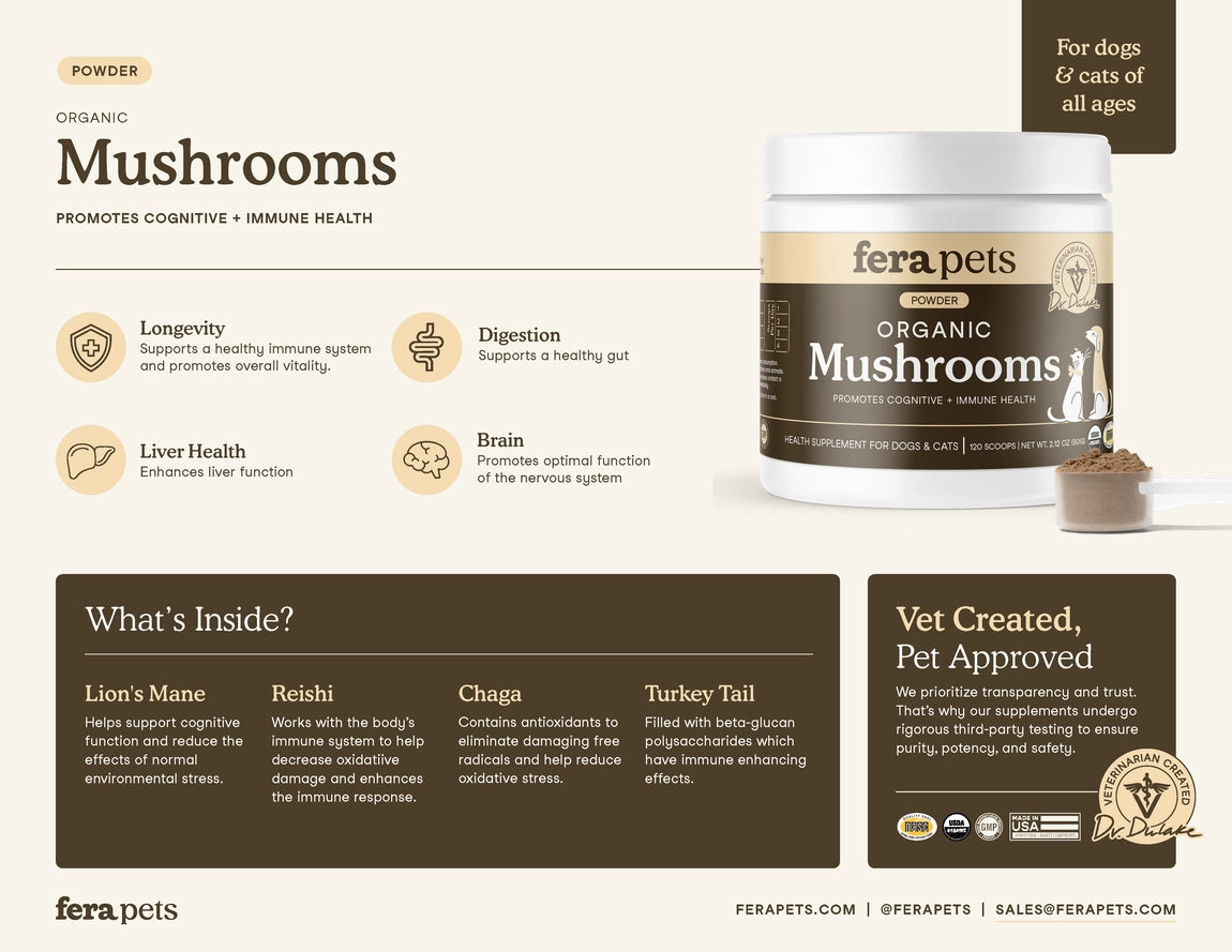 Fera Pets Usda Organic Mushrooms - Immune Support For Dogs and Cats, Pet Supplement, 2.12-oz