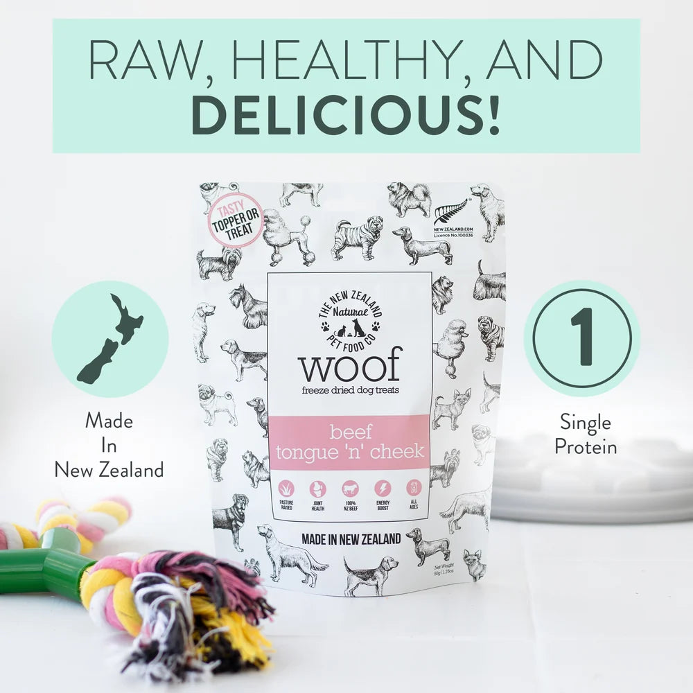 The New Zealand Natural Pet Food Co Woof Beef Tongue 'N' Cheek, Freeze-Dried Dog Treats, 1.76-oz Bag