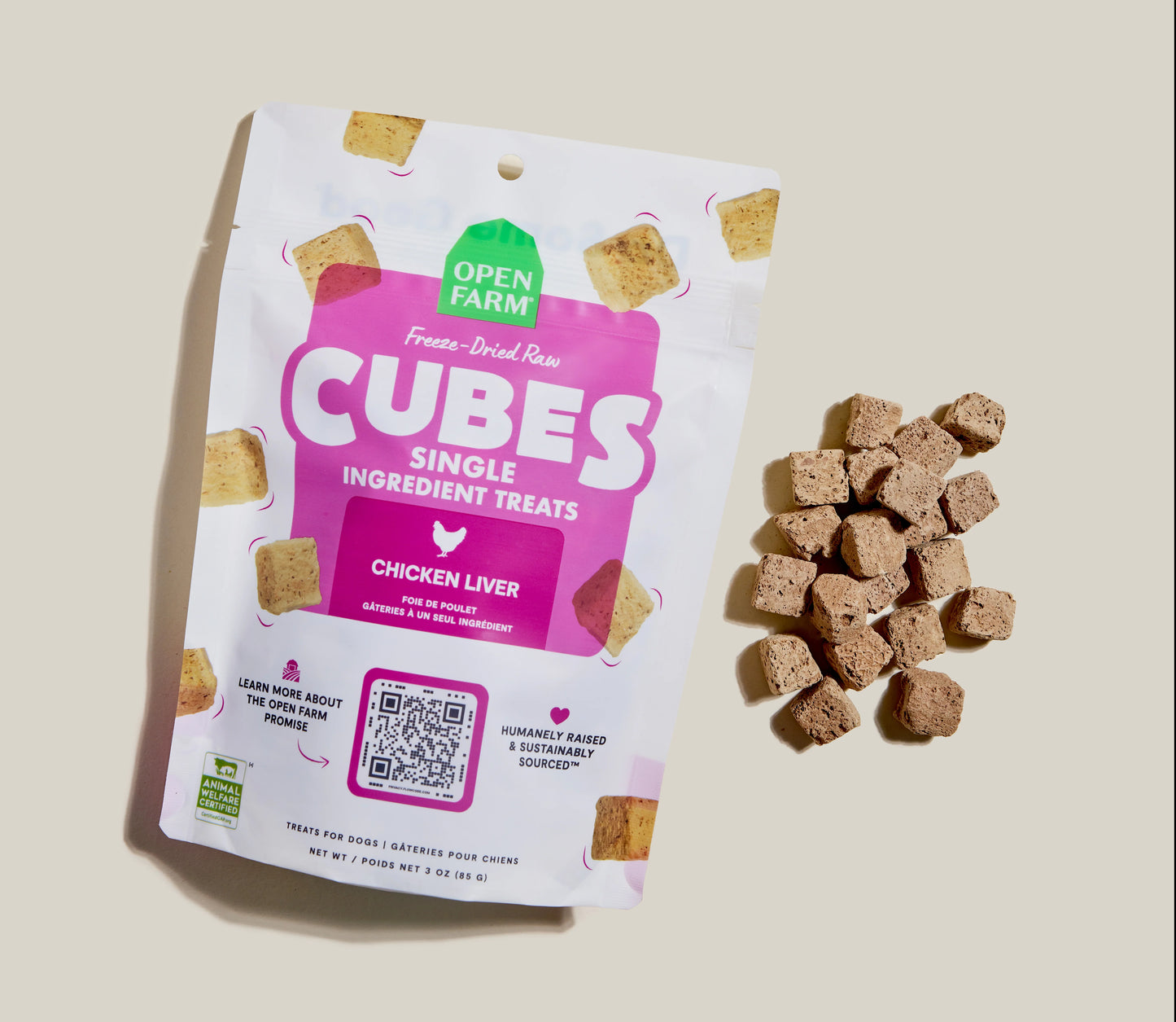 Open Farm Cubes Chicken Liver Treat, Freeze Dried Raw Dog Treat, 3-oz Pouch