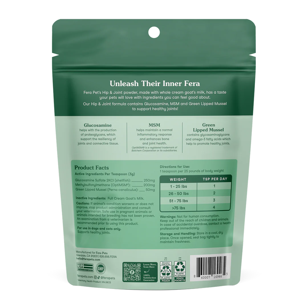 Fera Pets Hip + Joint Goat Milk Topper For Dogs and Cats, Pet Supplement, 6.34-oz