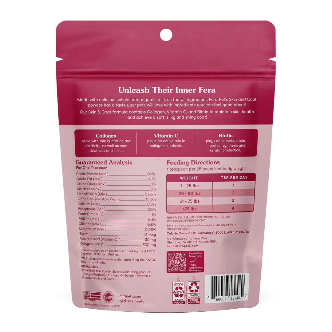 Fera Pets Skin + Coat Goat Milk Topper For Dogs and Cats, Pet Supplement, 6.34-oz