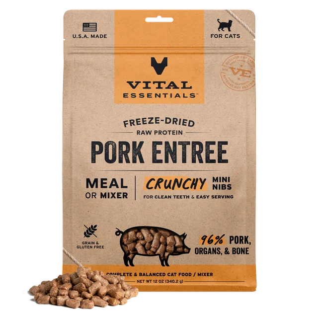 Vital Essentials Pork Crunchy Mini Nibs, Freeze-Dried Cat Food, 12-oz Bag