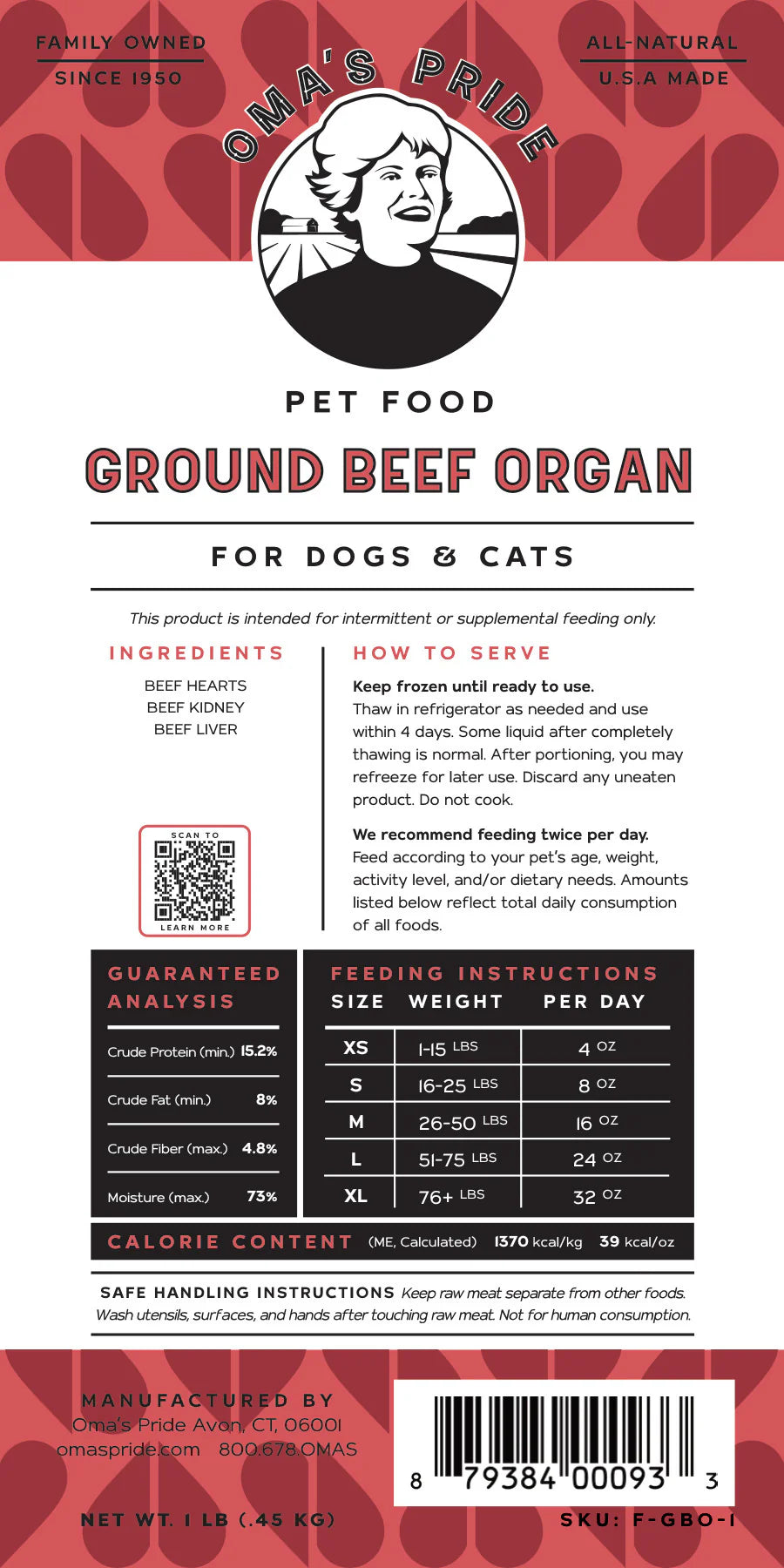 Oma's Pride Ground Beef Organ Meat, Frozen Pet Supplement, 1-lb Pouch