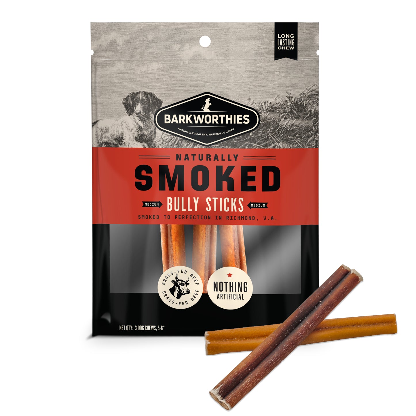 Barkworthies Naturally Smoked 6" Standard Bully Sticks, Dog Chew