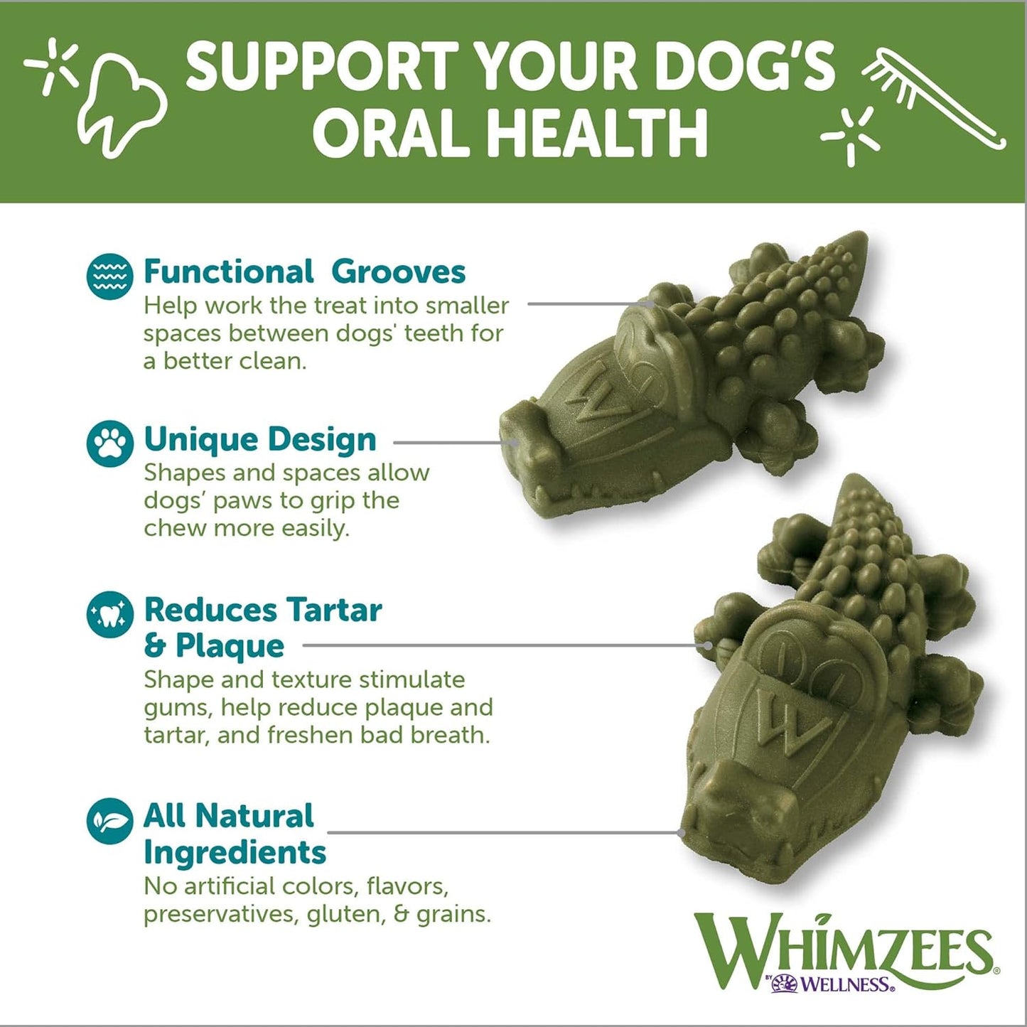Whimzees All Natural Daily Large Alligator Dental Chews, 6-Count, Dog Chew