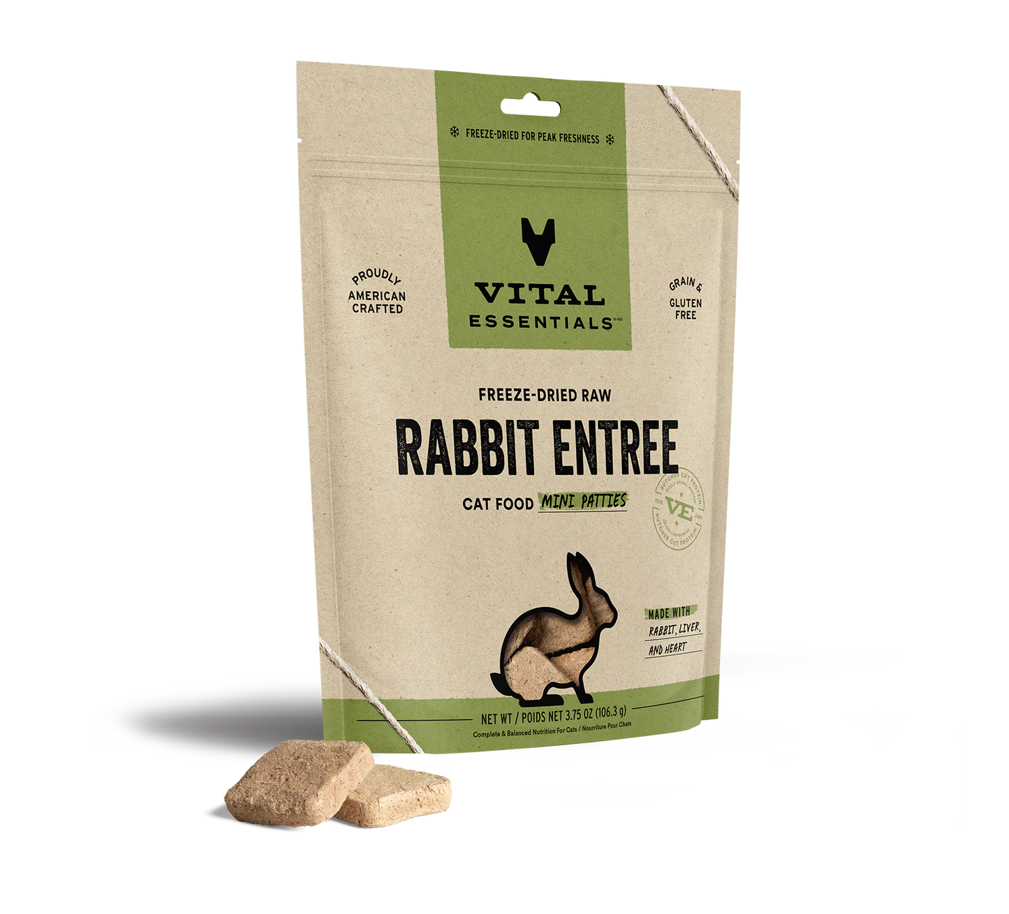 Vital Essentials Rabbit Mini Patties, Freeze-Dried Cat Food, 8-oz Bag