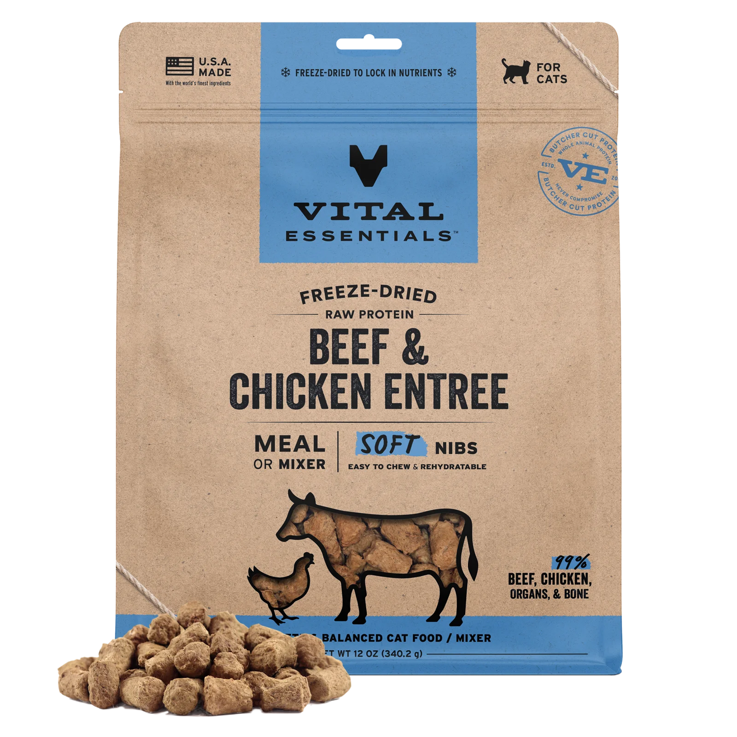 Vital Essentials Beef & Chicken Soft Nibs Meal or Mixer Freeze-Dried Cat Food, 12-oz Bag