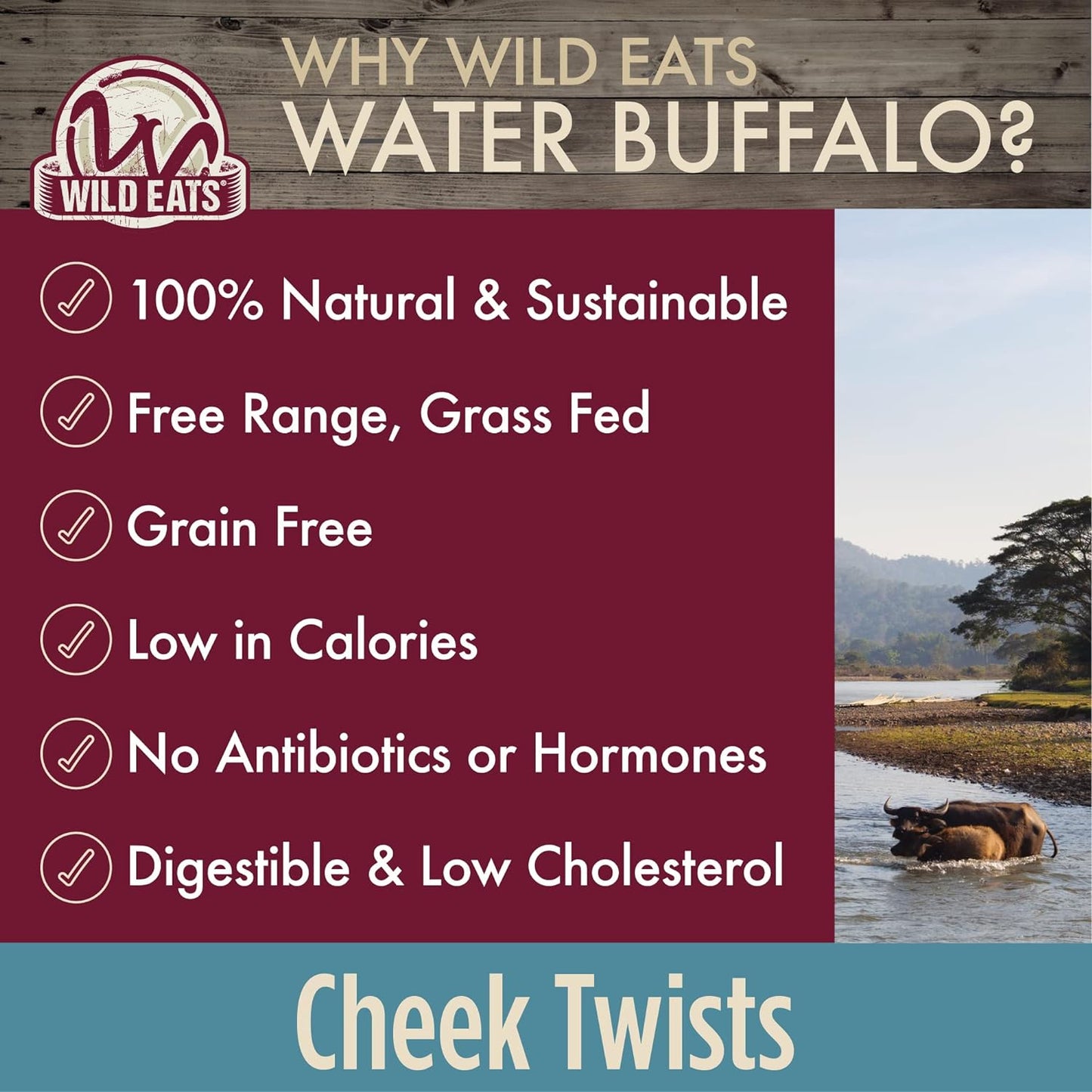 Wild Eats Water Buffalo 8-9-Inch Jerky Wrapped Twisted Cheek, Dog Chew